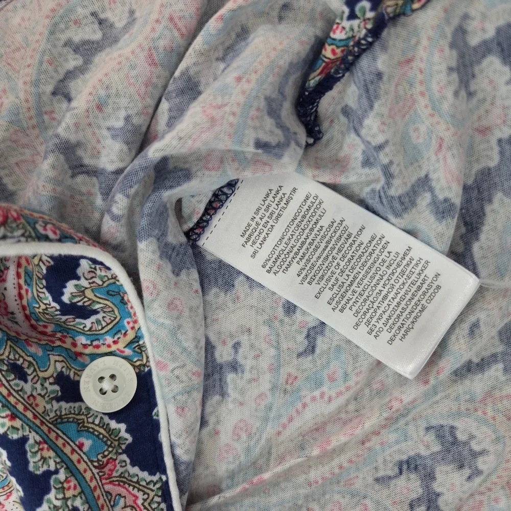 Ralph Lauren Navy Blue Paisley Cotton Blend Pajama Top Short Sleeve S